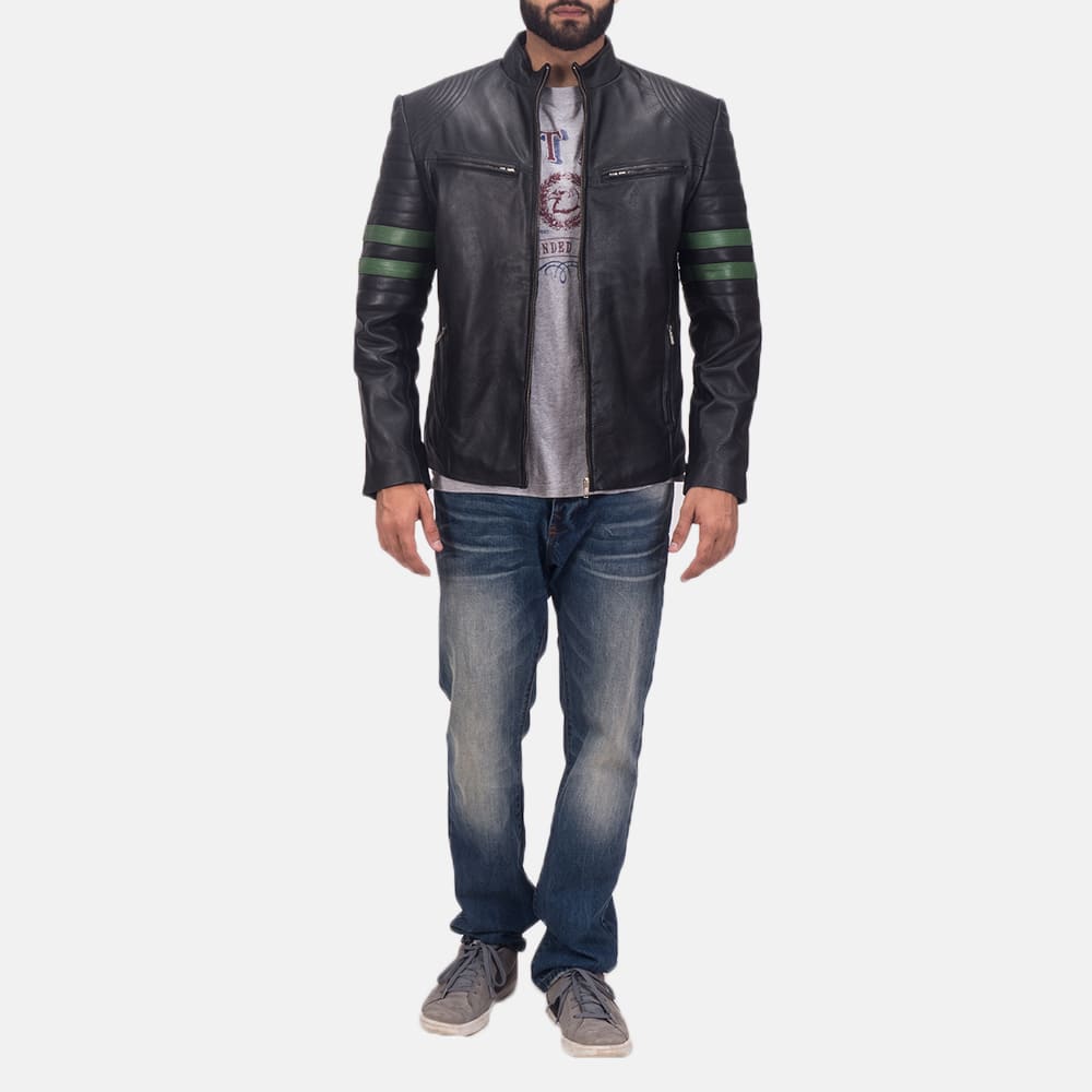Trooper Black Leather Jacket with Green Stripes