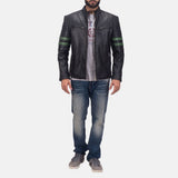 Trooper Black Leather Jacket with Green Stripes