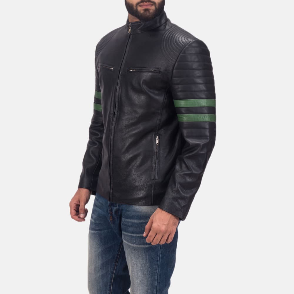 Trooper Black Leather Jacket with Green Stripes