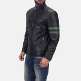 Trooper Black Leather Jacket with Green Stripes