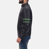 Trooper Black Leather Jacket with Green Stripes