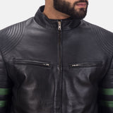 Trooper Black Leather Jacket with Green Stripes