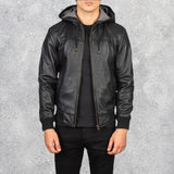 Nintenzo Black Hooded Leather Bomber Jacket