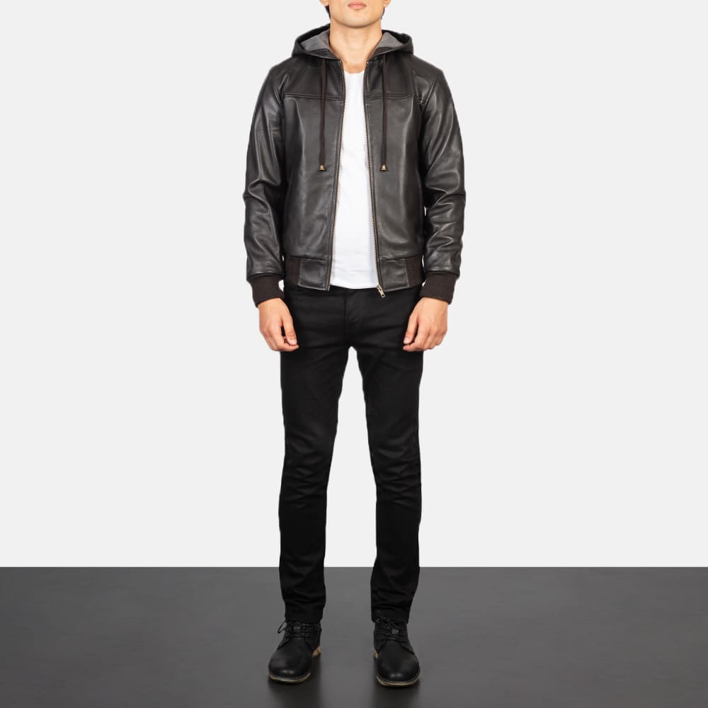 Nimbus Brown Hooded Leather Bomber Jacket