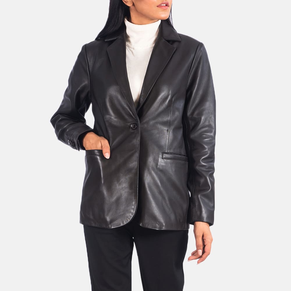 Elara Brown Leather Blazer for Women