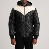 Grayson Black Hooded Bomber Leather Puffer Jacket for Men