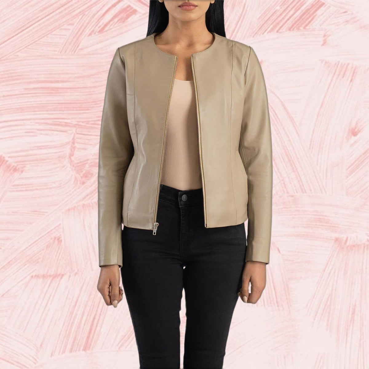 Nova Beige Collarless Leather Jacket for Women