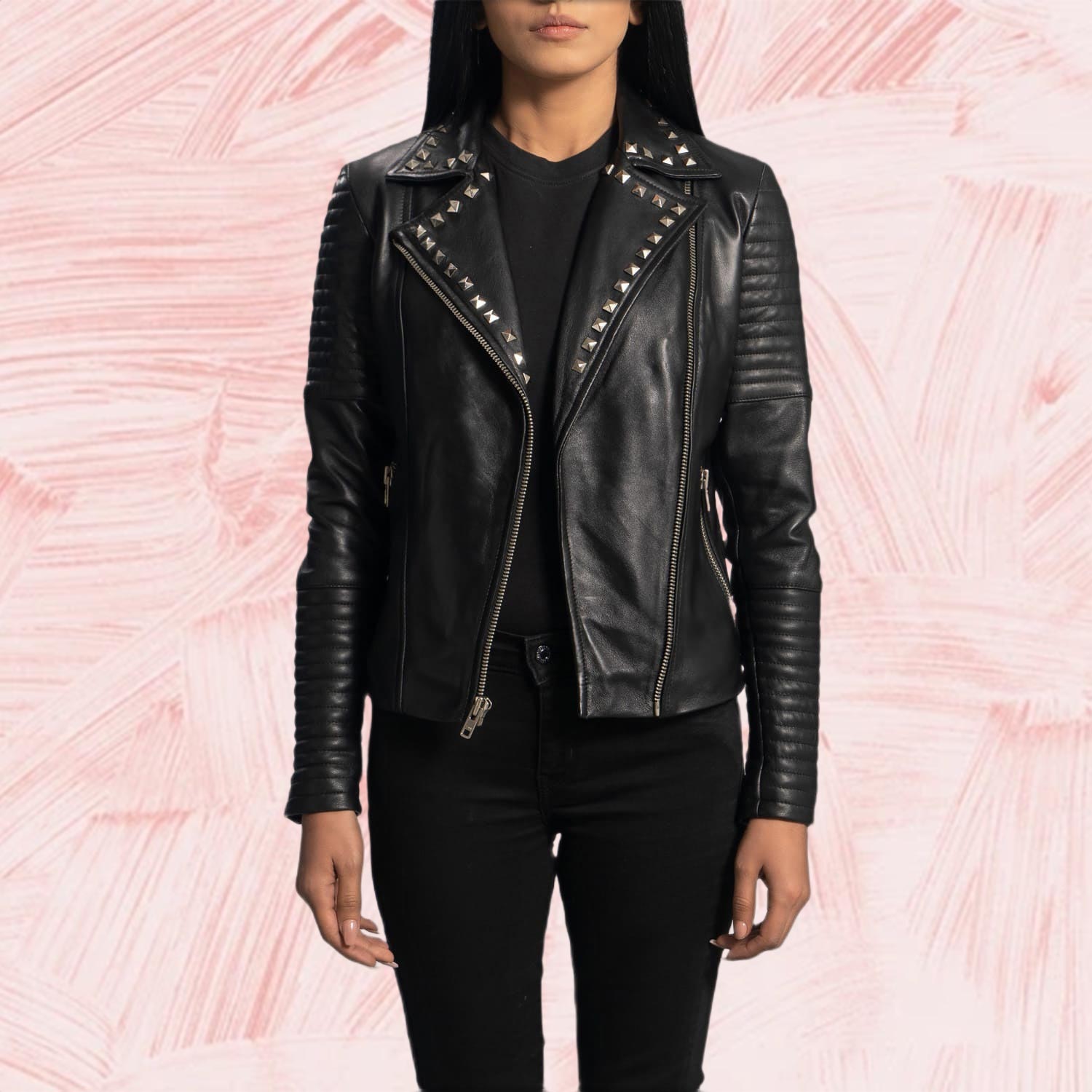 Nova Studded Black Leather Biker Jacket for Women