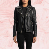 Nova Studded Black Leather Biker Jacket for Women