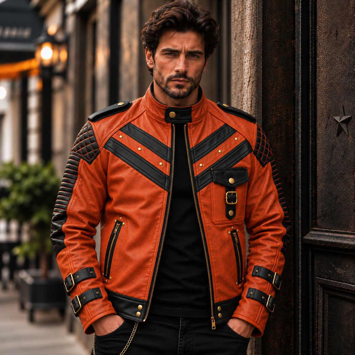 Orange Full Grain Cowhide Leather Men's Cafe Racer Handmade Biker Jacket