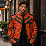 Orange Full Grain Cowhide Leather Men's Cafe Racer Handmade Biker Jacket