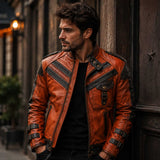Orange Full Grain Cowhide Leather Men's Cafe Racer Handmade Biker Jacket