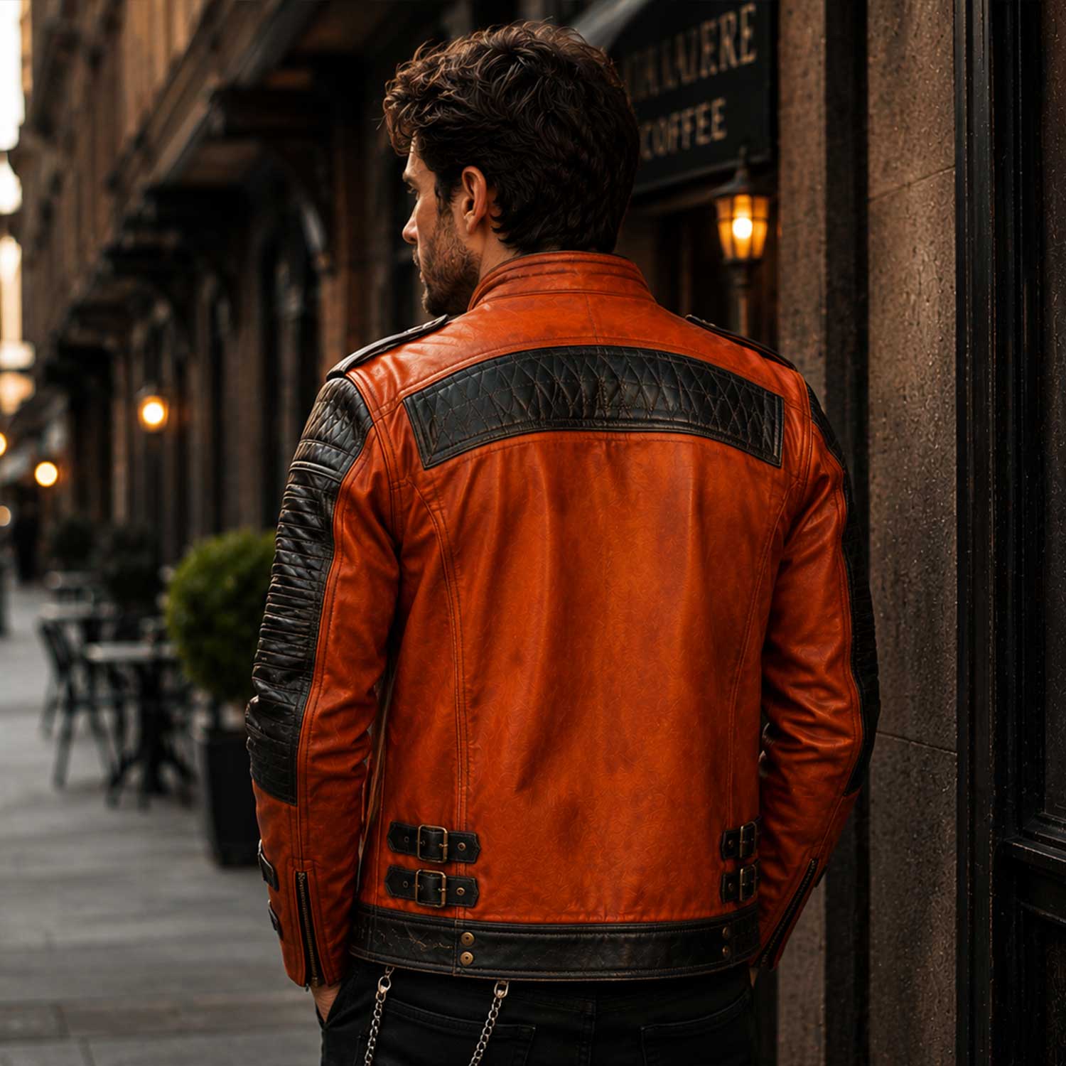 Orange Full Grain Cowhide Leather Men's Cafe Racer Handmade Biker Jacket