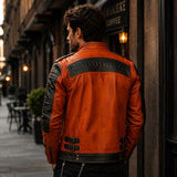 Orange Full Grain Cowhide Leather Men's Cafe Racer Handmade Biker Jacket