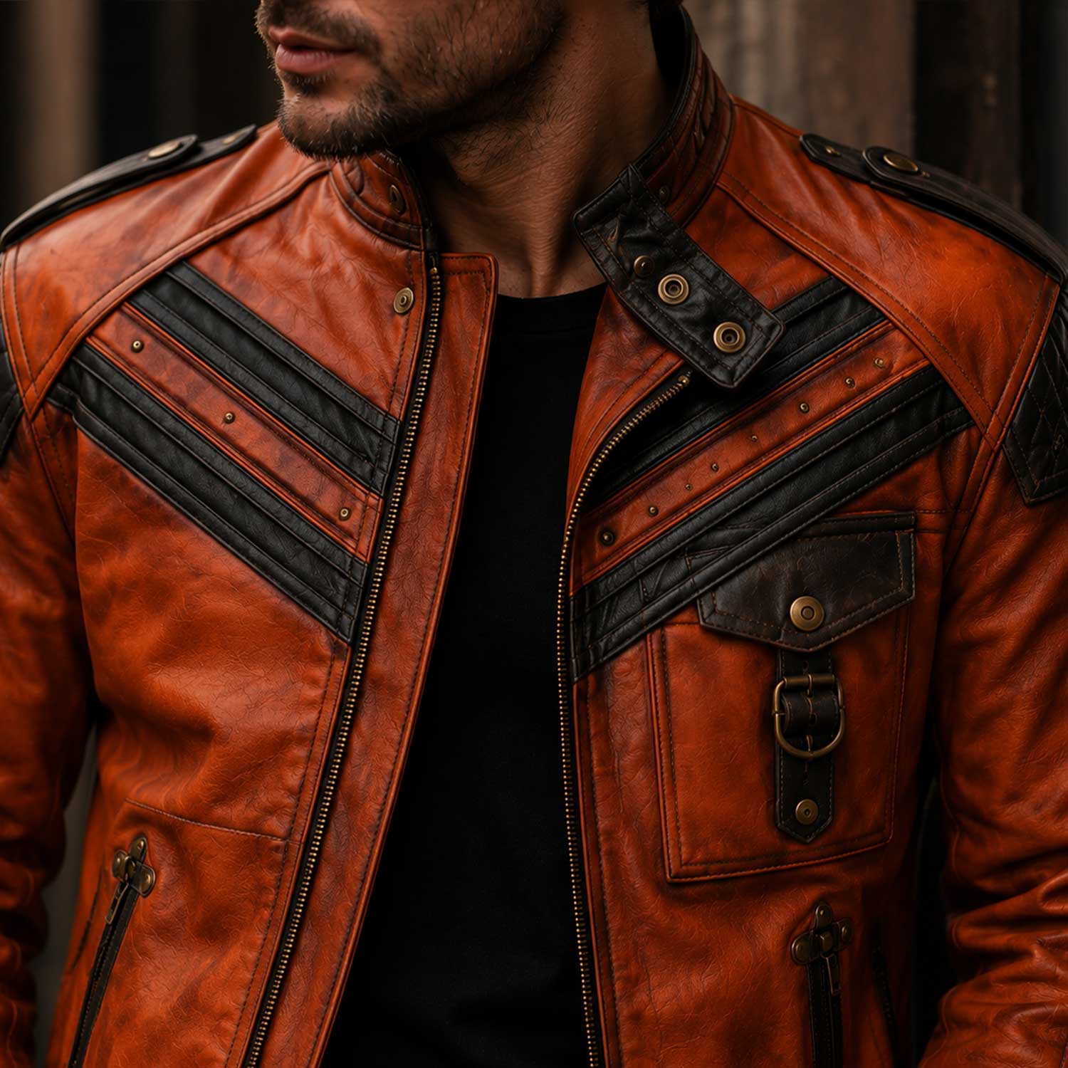 Orange Full Grain Cowhide Leather Men's Cafe Racer Handmade Biker Jacket