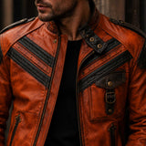 Orange Full Grain Cowhide Leather Men's Cafe Racer Handmade Biker Jacket