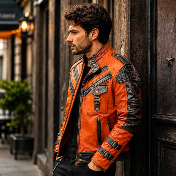 Orange Full Grain Cowhide Leather Men's Cafe Racer Handmade Biker Jacket
