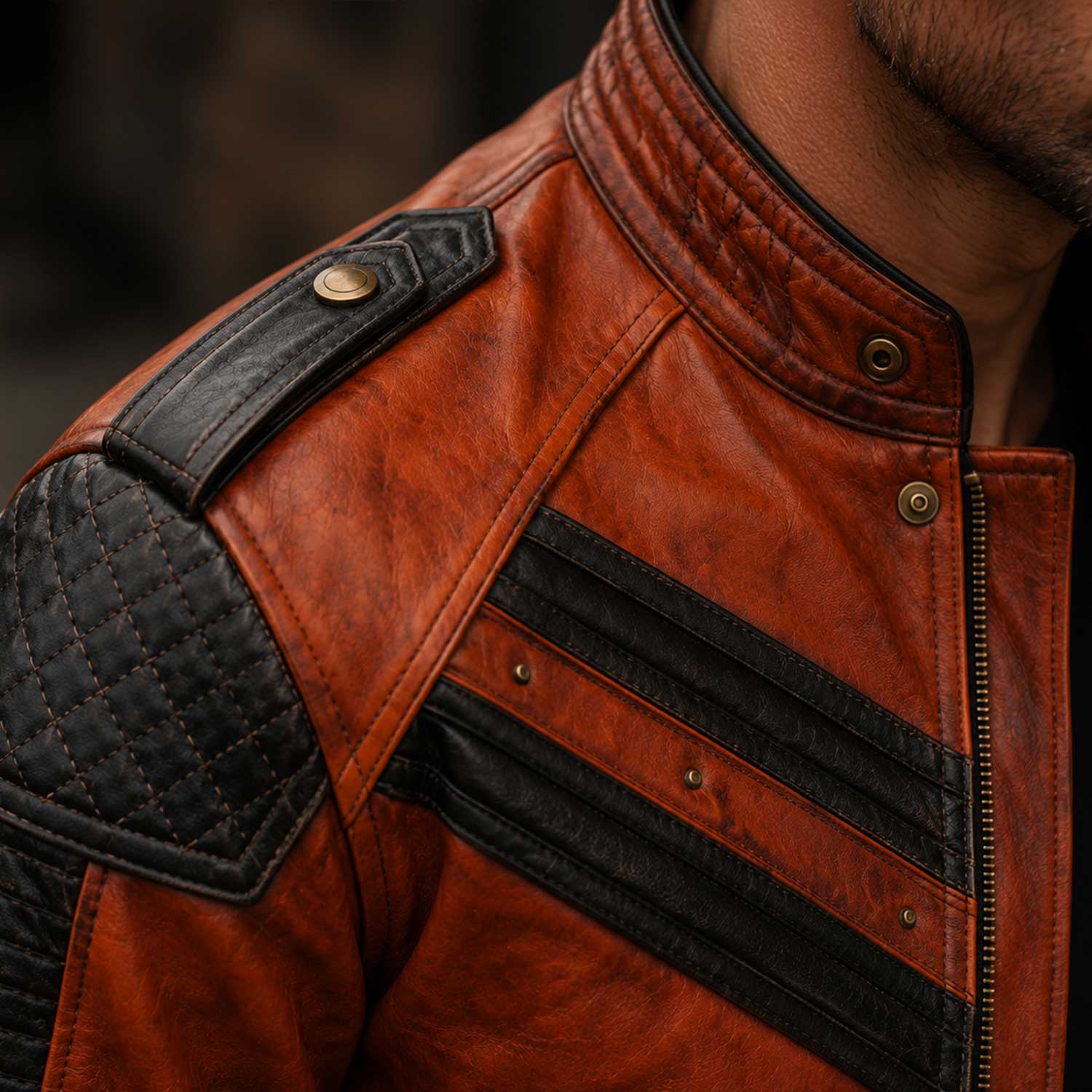 Orange Full Grain Cowhide Leather Men's Cafe Racer Handmade Biker Jacket