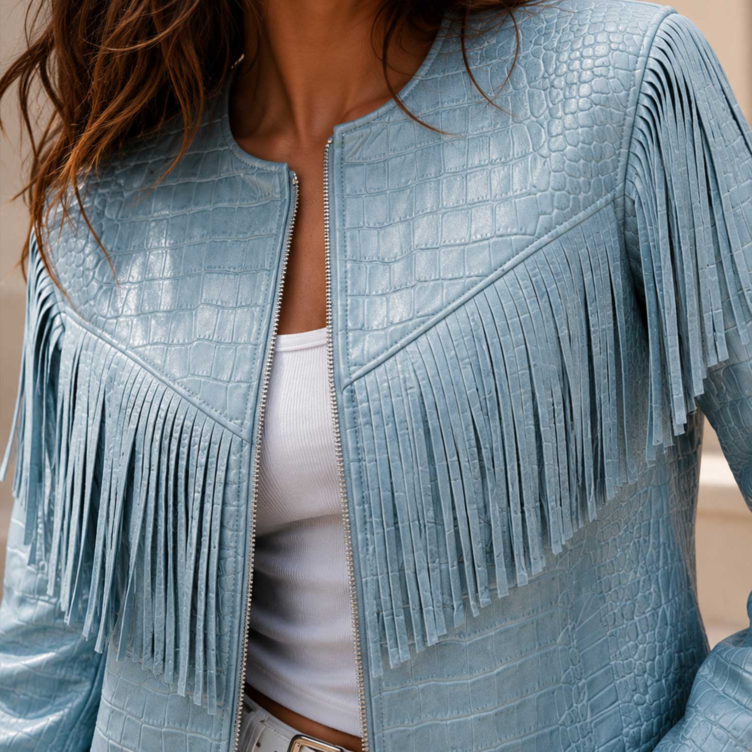Women's Croc Embossed Fringe Leather Jacket
Luxury Ice Blue Leather Jacket
Premium Crocodile Embossed Leather
Handcrafted Fringe Leather Jacket
Luxury Western Leather Fashion
Genuine Cowhide Leather Jacket
Premium Fringe Craftsmanship
Crocodile Leather Texture Close-Up
Shoulder Fringe Detail
Front Fringe Detail
Back Fringe Detail
Premium Leather Sleeve Detail
Luxury Editorial Leather Style
Designer Western Fringe Jacket
SaltCo Aurora Leather Collection