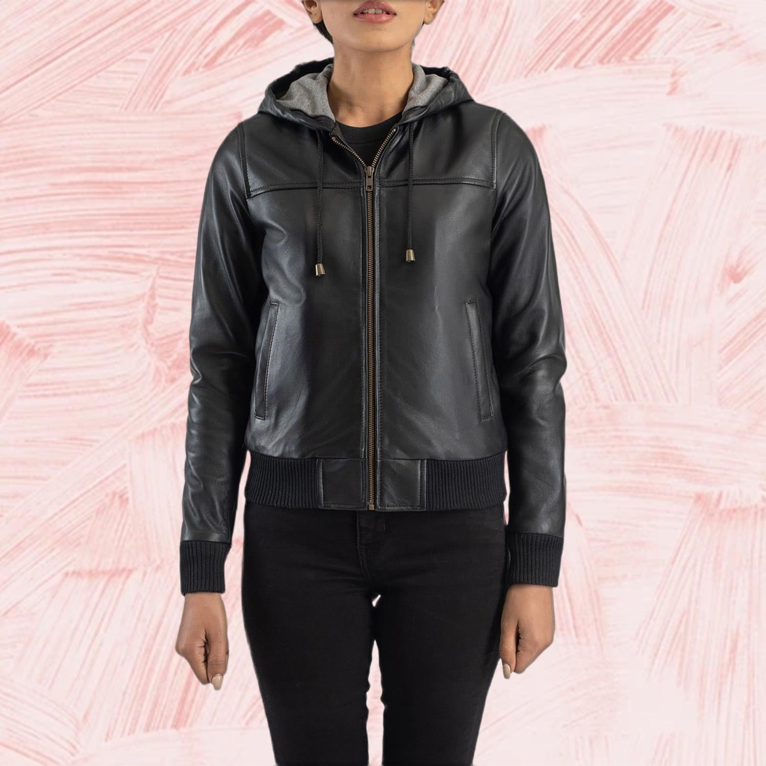 Rebella Black Hooded Leather Bomber Jacket