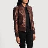 Aria Maroon Leather Bomber Jacket for Women