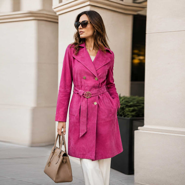 Rosamere Hot Pink Suede Leather Pea Coat
Women’s Hot Pink Genuine Suede Leather Coat
Rosamere Genuine Suede Leather Coat Front View
Hot Pink Women’s Suede Leather Winter Coat
Rosamere Suede Leather Pea Coat Back View
Hot Pink Suede Leather Coat Side View
Women’s Pink Genuine Suede Coat Fashion Look
Rosamere Leather Coat Adjustable Waist Belt
Hot Pink Suede Coat Notch Lapel Detail
Rosamere Suede Leather Front Button Detail
Genuine Suede Leather Coat Sleeve Detail
Rosamere Hot Pink Leather Coat Pocket Detail
