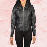 Roslyn Black Hooded Leather Bomber Jacket