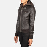 Nyla Brown Hooded Leather Bomber Jacket for Women