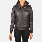Nyla Brown Hooded Leather Bomber Jacket for Women
