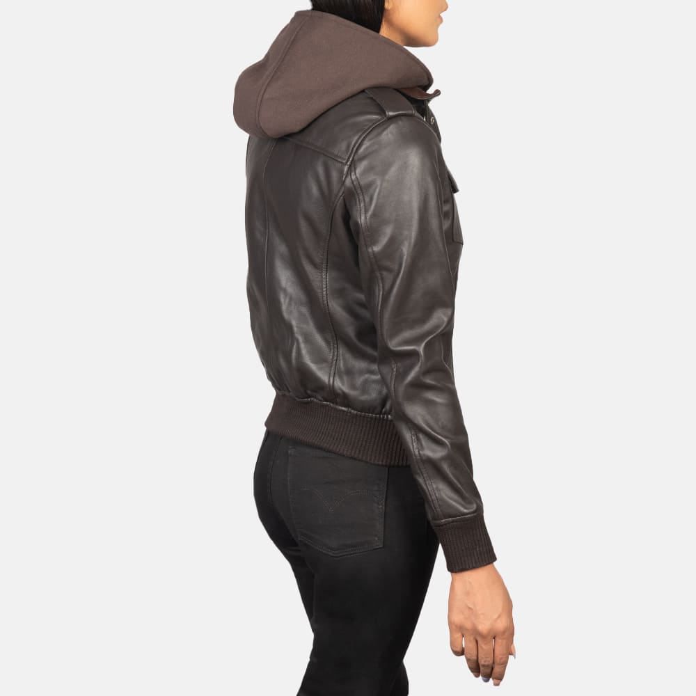 Nyla Brown Hooded Leather Bomber Jacket for Women
