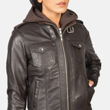 Nyla Brown Hooded Leather Bomber Jacket for Women