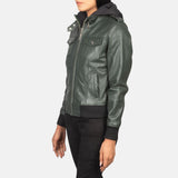 Nyla Green Hooded Leather Bomber Jacket for Women