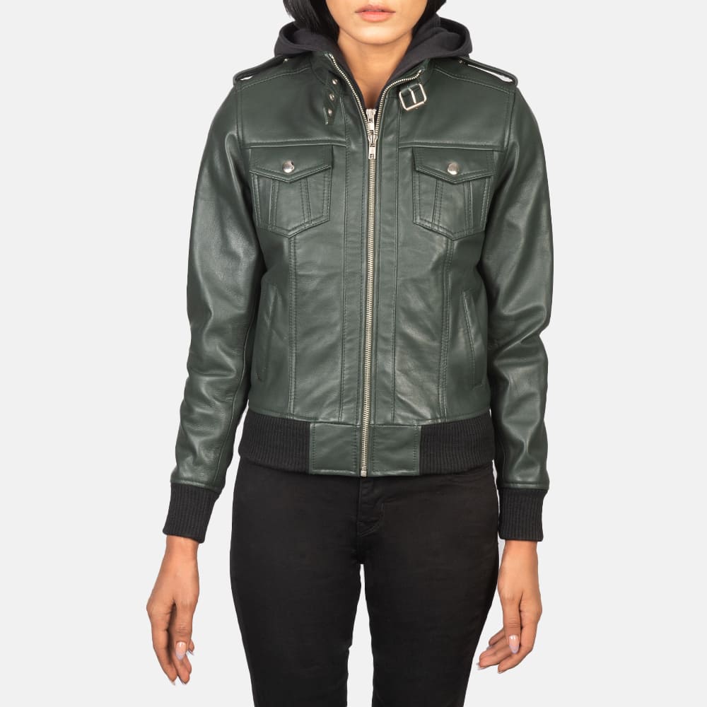 Nyla Green Hooded Leather Bomber Jacket for Women