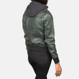 Nyla Green Hooded Leather Bomber Jacket for Women