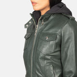 Nyla Green Hooded Leather Bomber Jacket for Women