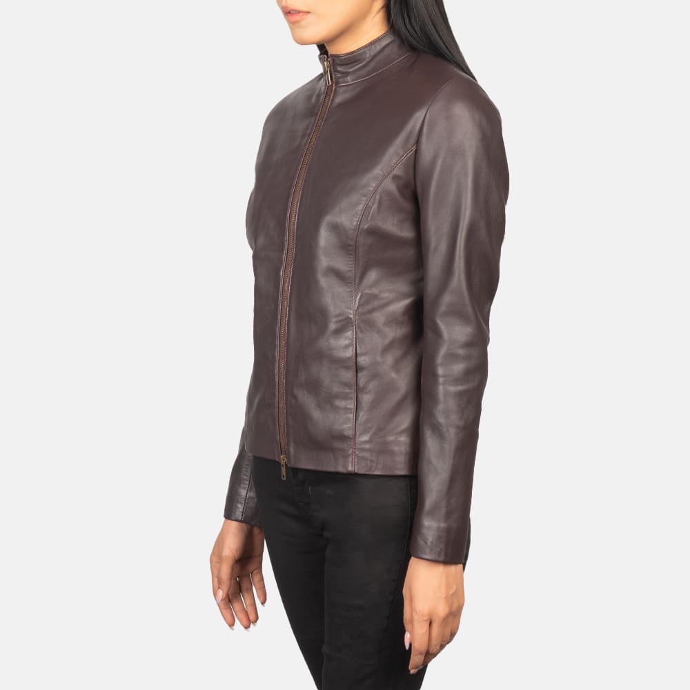Azura Maroon Leather Biker Jacket for Women