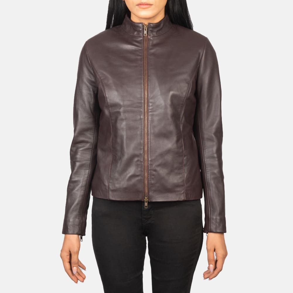 Azura Maroon Leather Biker Jacket for Women