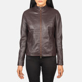 Azura Maroon Leather Biker Jacket for Women