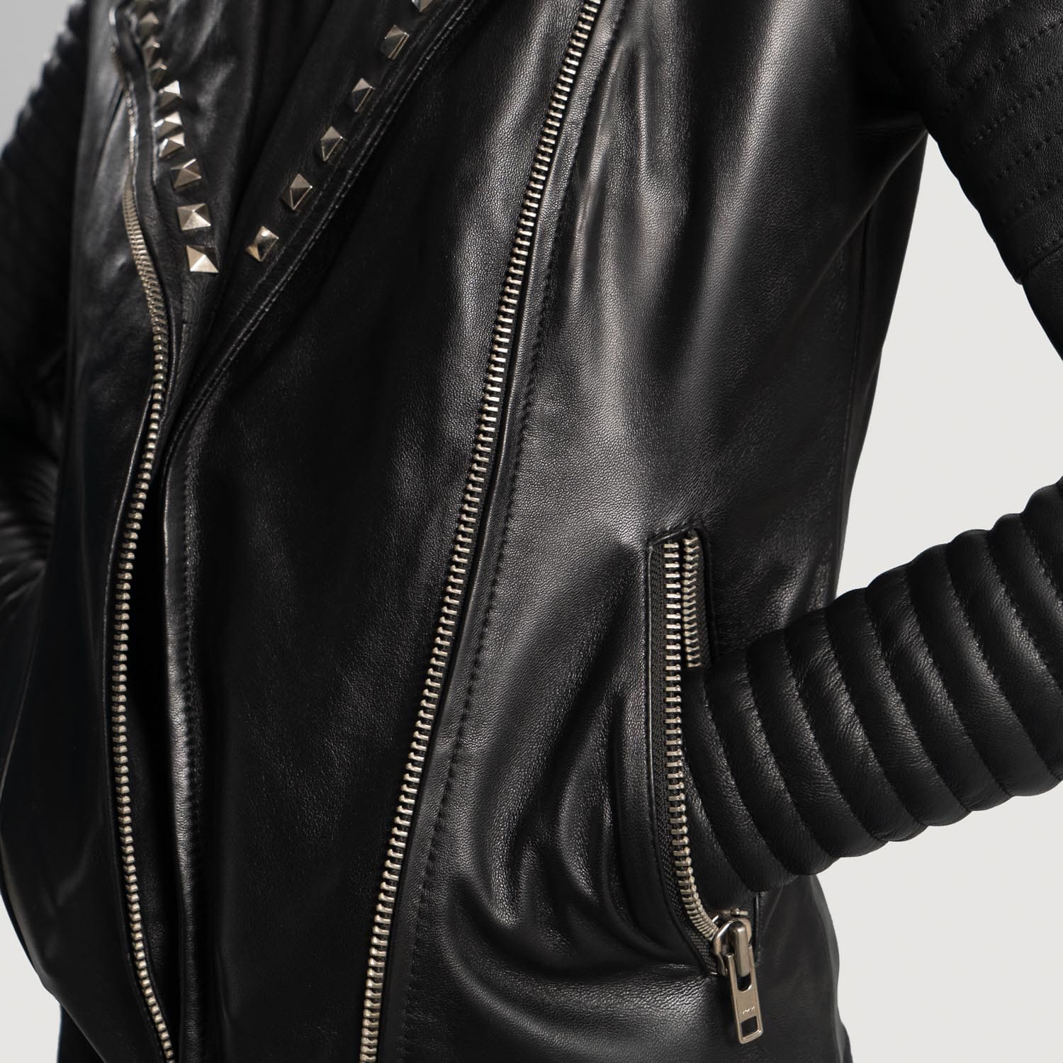 Nova Studded Black Leather Biker Jacket for Women