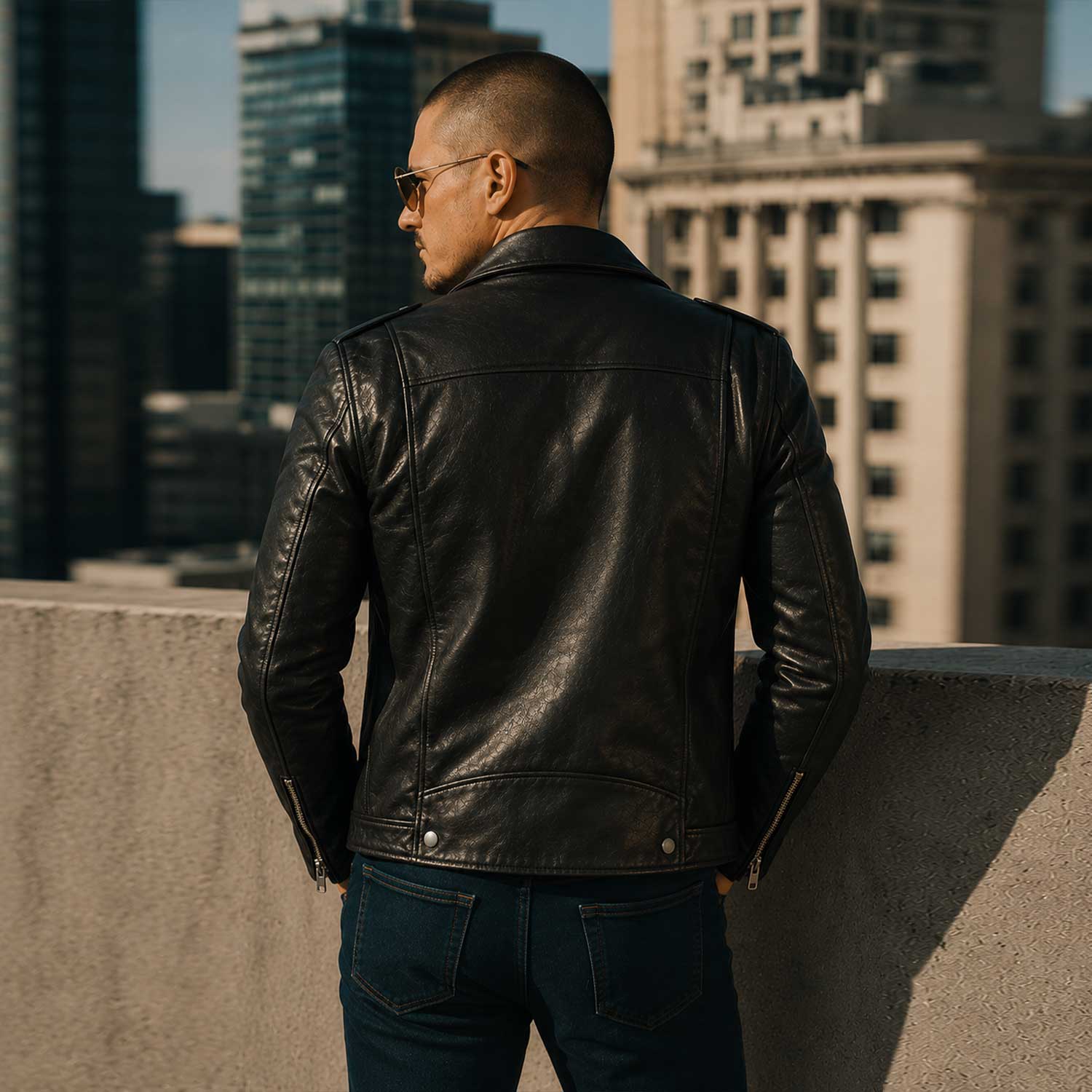 SaltCo Men's Black Biker Leather Jacket featuring genuine leather construction, asymmetrical zipper closure, silver hardware, and classic motorcycle styling.