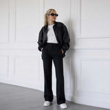 SaltCo Full Grain Lambskin Women's Black Leather Bomber Jacket Oversized Luxury Style