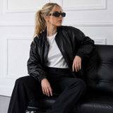 SaltCo Full Grain Lambskin Women's Black Leather Bomber Jacket Oversized Luxury Style