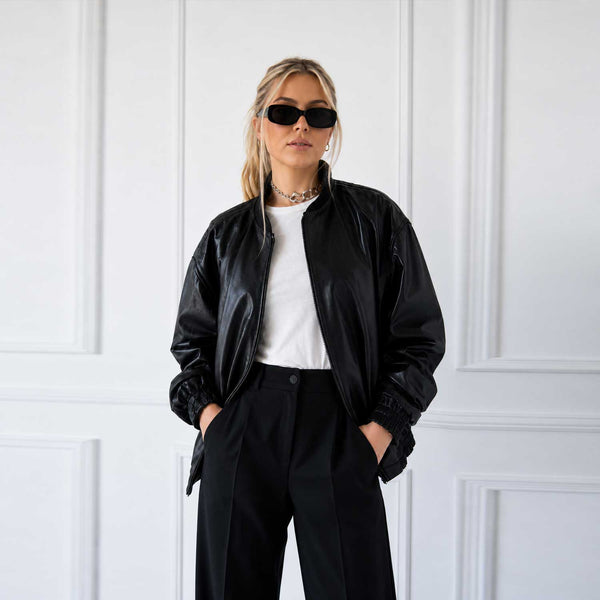 SaltCo Full Grain Lambskin Women's Black Leather Bomber Jacket Oversized Luxury Style