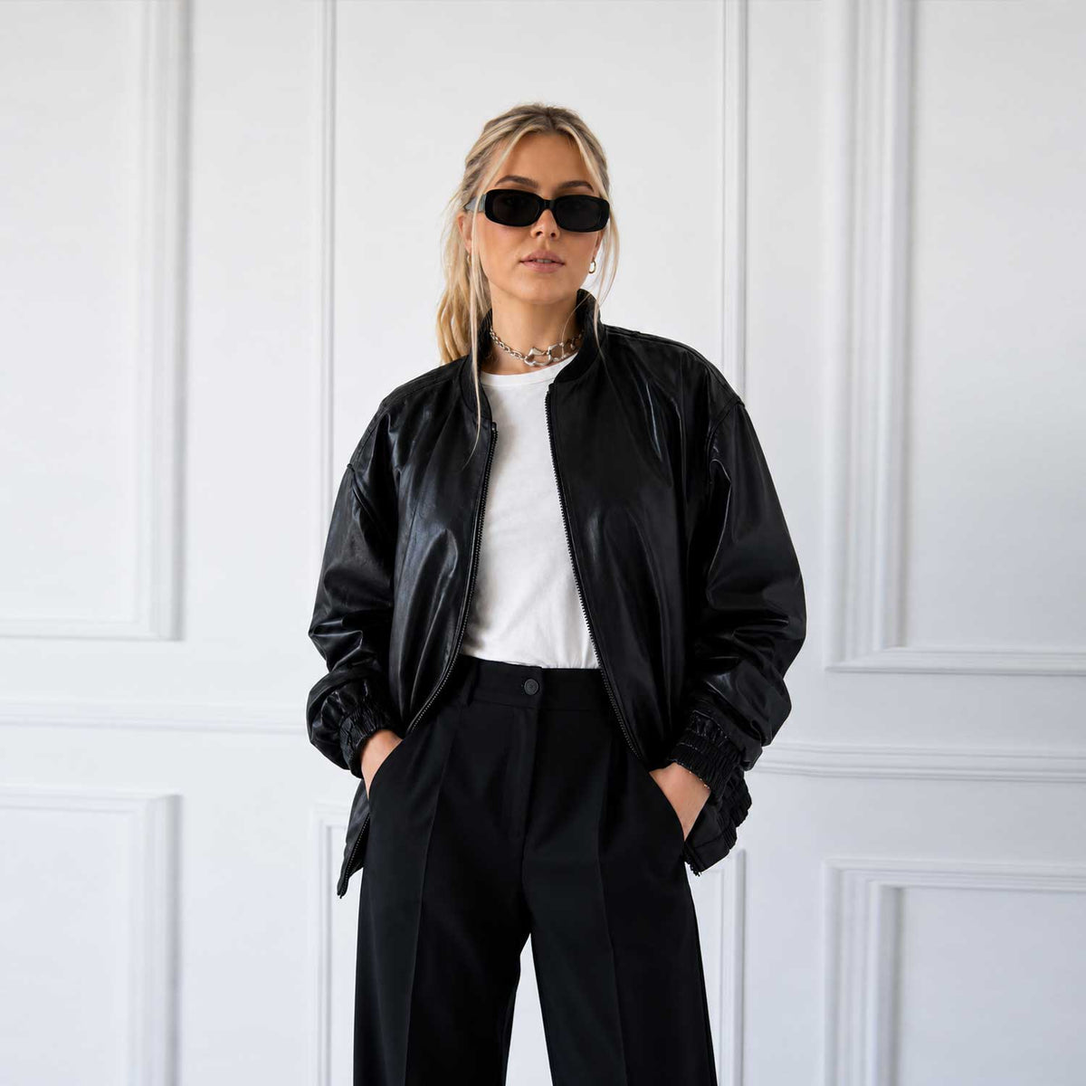 SaltCo Full Grain Lambskin Women's Black Leather Bomber Jacket Oversized Luxury Style