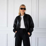 SaltCo Full Grain Lambskin Women's Black Leather Bomber Jacket Oversized Luxury Style