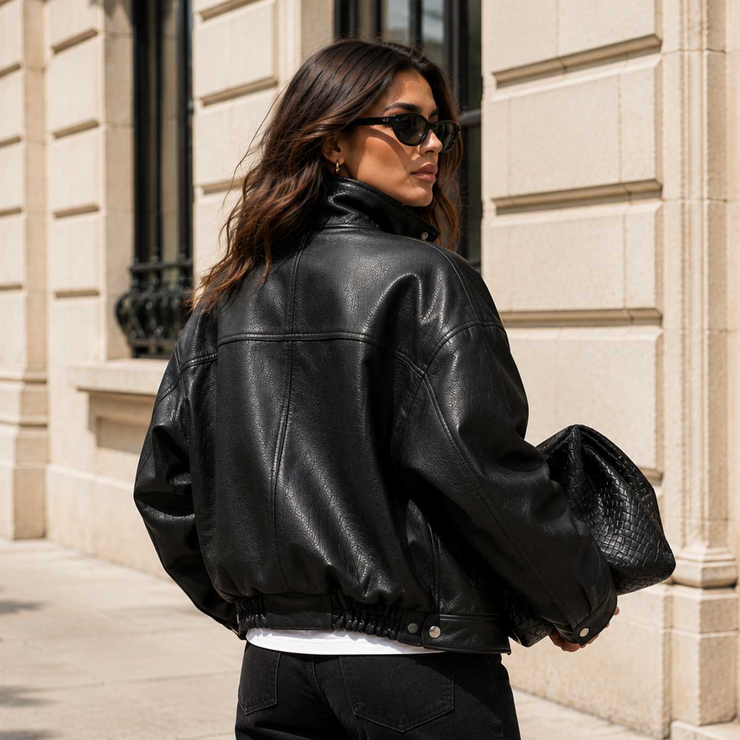 SaltCo Briarstone Women's Oversized Funnel Neck Leather Bomber Jacket Back View