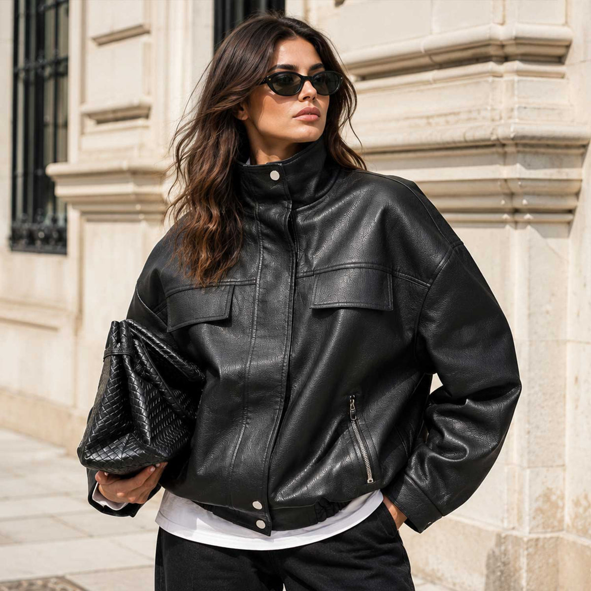 SaltCo Briarstone Women's Oversized Funnel Neck Nappa Sheepskin Leather Bomber Jacket Front View
