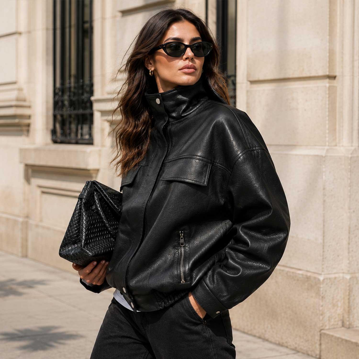 SaltCo Briarstone Women's Oversized Nappa Sheepskin Leather Bomber Jacket Side Profile