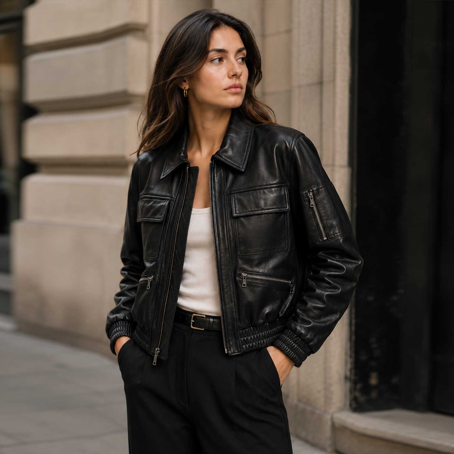 The Corvayne oversized black leather bomber jacket with elastic waistband and dropped shoulders.