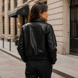 Back view of The Corvayne oversized black leather bomber jacket with elastic waistband and dropped shoulders.